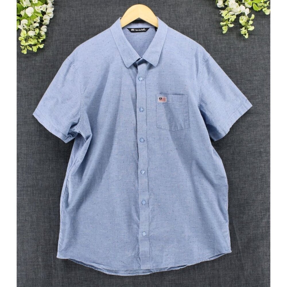 Travis Mathew Men's Eagle Pride Button Up Short Sleeve Shirt Blue W/Speckles XL